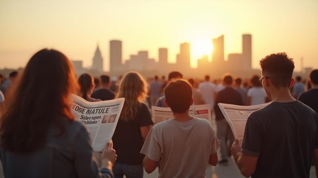 Diverse group of people reading newspapers and digital news
